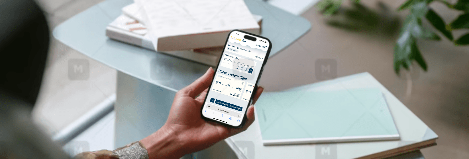 Lumen Air prototype — flight booking flow on mobile